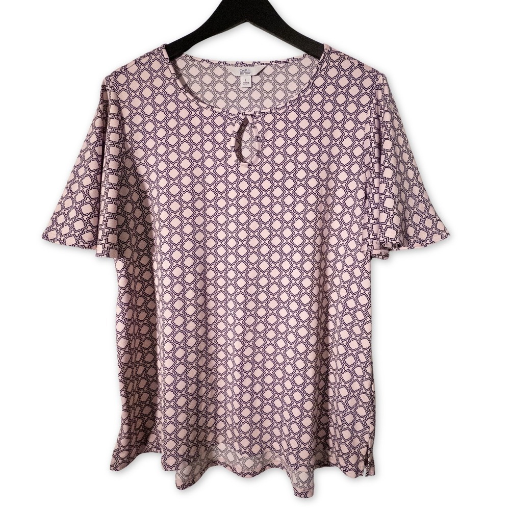 Croft‎ & Barrow Pink Geometric Print Keyhole Neck Short Sleeve Tunic Top Size L
